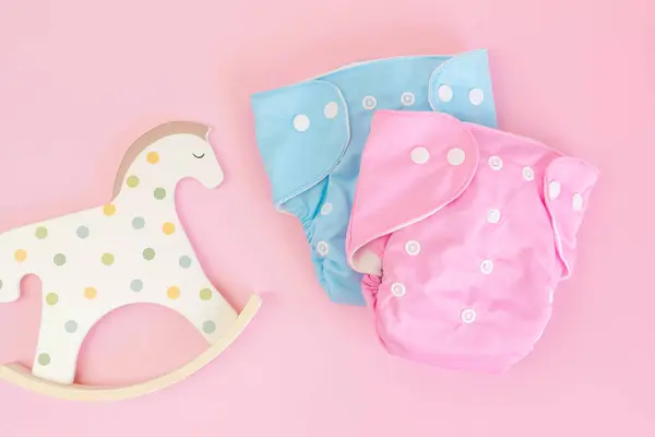 Flat Lay Reusable Cloth Baby Diaper Toy Rocking Horse Eco — Stock Photo, Image
