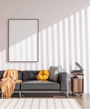 Modern bir oturma odasının içinde çerçeve poster modeli. 3B görüntüleme, 3B resimleme.