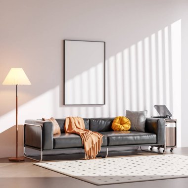 Modern bir oturma odasının içinde çerçeve poster modeli. 3B görüntüleme, 3B resimleme.