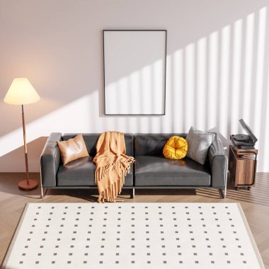 Modern bir oturma odasının içinde çerçeve poster modeli. 3B görüntüleme, 3B resimleme.