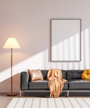 Modern bir oturma odasının içinde çerçeve poster modeli. 3B görüntüleme, 3B resimleme.