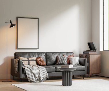 Modern bir oturma odasının içinde çerçeve poster modeli. 3B görüntüleme, 3B resimleme.