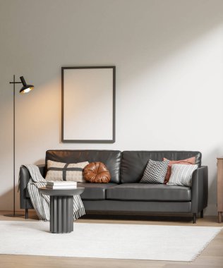 Modern bir oturma odasının içinde çerçeve poster modeli. 3B görüntüleme, 3B resimleme.