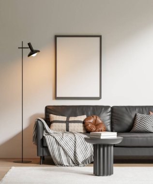 Modern bir oturma odasının içinde çerçeve poster modeli. 3B görüntüleme, 3B resimleme.