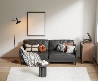 Modern bir oturma odasının içinde çerçeve poster modeli. 3B görüntüleme, 3B resimleme.