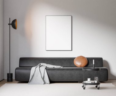 Modern bir oturma odasının içinde çerçeve poster modeli. 3B görüntüleme, 3B resimleme.