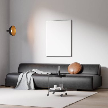 Modern bir oturma odasının içinde çerçeve poster modeli. 3B görüntüleme, 3B resimleme.