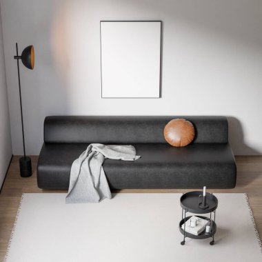 Modern bir oturma odasının içinde çerçeve poster modeli. 3B görüntüleme, 3B resimleme.