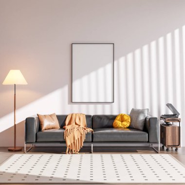 Modern bir oturma odasının içinde çerçeve poster modeli. 3B görüntüleme, 3B resimleme.