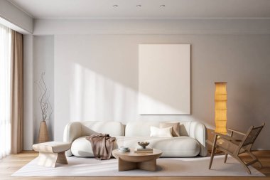 Modern bir oturma odasının içinde çerçeve poster modeli. 3B görüntüleme, 3B resimleme.