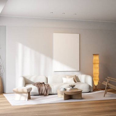 Modern bir oturma odasının içinde çerçeve poster modeli. 3B görüntüleme, 3B resimleme.