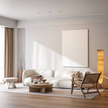 Modern bir oturma odasının içinde çerçeve poster modeli. 3B görüntüleme, 3B resimleme.