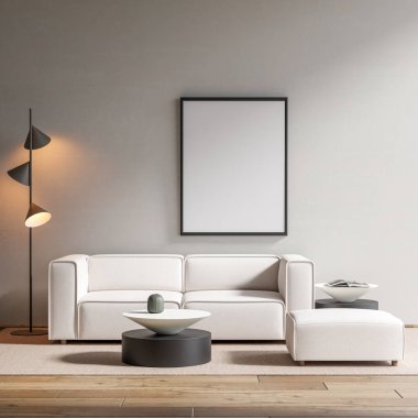 Modern bir oturma odasının içinde çerçeve poster modeli. 3B görüntüleme, 3B resimleme.