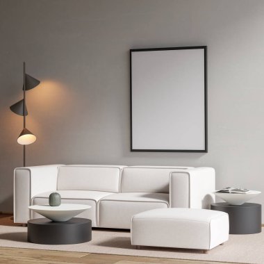 Modern bir oturma odasının içinde çerçeve poster modeli. 3B görüntüleme, 3B resimleme.