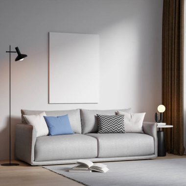 Modern bir oturma odasının içinde çerçeve poster modeli. 3B görüntüleme, 3B resimleme.