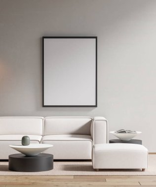 Modern bir oturma odasının içinde çerçeve poster modeli. 3B görüntüleme, 3B resimleme.