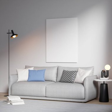 Modern bir oturma odasının içinde çerçeve poster modeli. 3B görüntüleme, 3B resimleme.