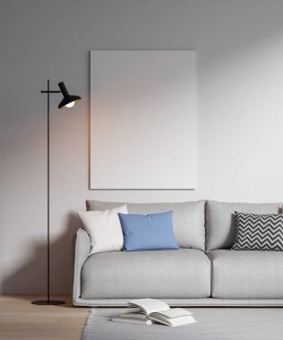 Modern bir oturma odasının içinde çerçeve poster modeli. 3B görüntüleme, 3B resimleme.