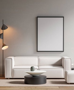 Modern bir oturma odasının içinde çerçeve poster modeli. 3B görüntüleme, 3B resimleme.