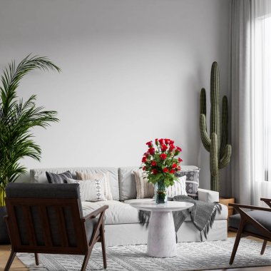 İskandinav Salonu, rahat koltuğu, hafif ahşap mobilyası, desenli halısı, kapalı fabrikaları, nötr paletli masa dekoru, tasarım için alanı kopyala - 3d