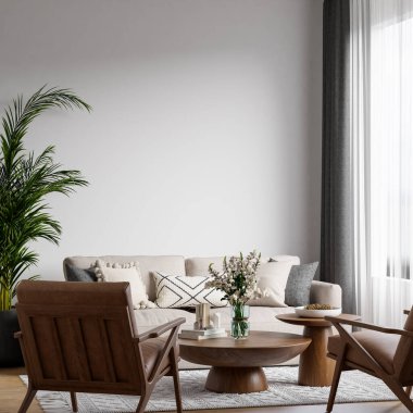 İskandinav Salonu, rahat koltuğu, hafif ahşap mobilyası, desenli halısı, kapalı fabrikaları, nötr paletli masa dekoru, tasarım için alanı kopyala - 3d