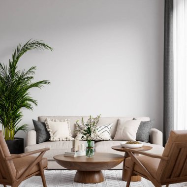 İskandinav Salonu, rahat koltuğu, hafif ahşap mobilyası, desenli halısı, kapalı fabrikaları, nötr paletli masa dekoru, tasarım için alanı kopyala - 3d