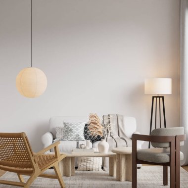 İskandinav Salonu, rahat koltuğu, hafif ahşap mobilyası, desenli halısı, kapalı fabrikaları, nötr paletli masa dekoru, tasarım için alanı kopyala - 3d