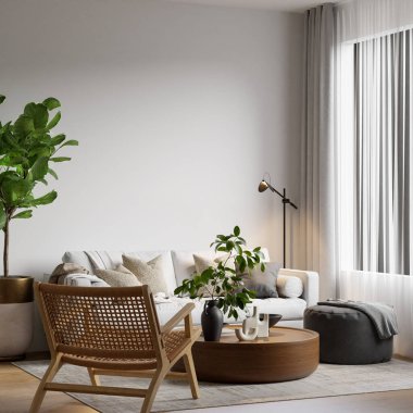 İskandinav Salonu, rahat koltuğu, hafif ahşap mobilyası, desenli halısı, kapalı fabrikaları, nötr paletli masa dekoru, tasarım için alanı kopyala - 3d