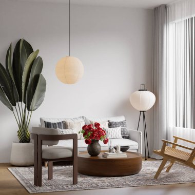 İskandinav Salonu, rahat koltuğu, hafif ahşap mobilyası, desenli halısı, kapalı fabrikaları, nötr paletli masa dekoru, tasarım için alanı kopyala - 3d