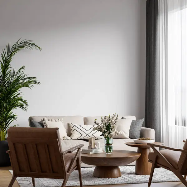 İskandinav Salonu, rahat koltuğu, hafif ahşap mobilyası, desenli halısı, kapalı fabrikaları, nötr paletli masa dekoru, tasarım için alanı kopyala - 3d