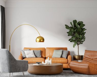 Deri koltuklu, Kol Koltuklu ve Retro Dekorasyonlu Modern Orta Çağ Oturma Odası - 3D