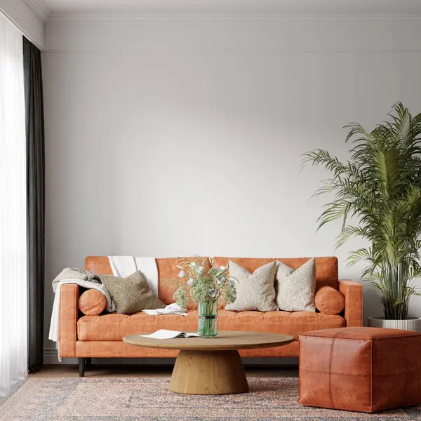 Deri koltuklu, Kol Koltuklu ve Retro Dekorasyonlu Modern Orta Çağ Oturma Odası - 3D