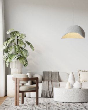 Konforlu kanepe, hafif mobilya, desenli halı, iç mekan bitkileri ve dekorasyonlu masa - 3d