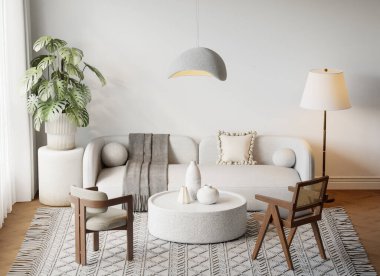 Konforlu kanepe, hafif mobilya, desenli halı, iç mekan bitkileri ve dekorasyonlu masa - 3d