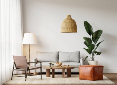 Konforlu kanepe, hafif mobilya, desenli halı, iç mekan bitkileri ve dekorasyonlu masa - 3d