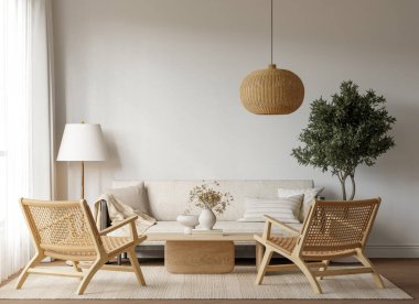 Konforlu kanepe, hafif mobilya, desenli halı, iç mekan bitkileri ve dekorasyonlu masa - 3d