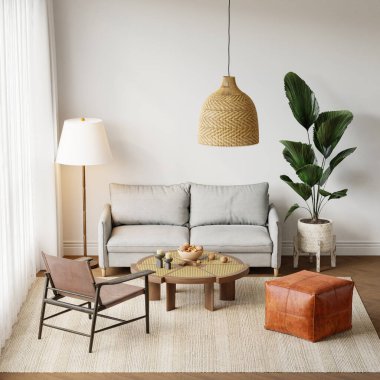 Konforlu kanepe, hafif mobilya, desenli halı, iç mekan bitkileri ve dekorasyonlu masa - 3d