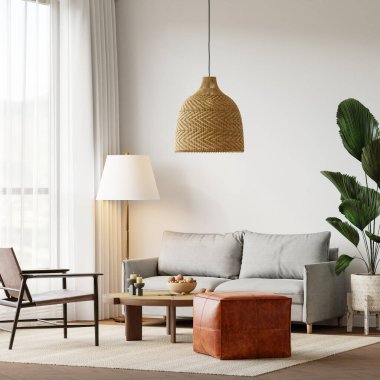 Konforlu kanepe, hafif mobilya, desenli halı, iç mekan bitkileri ve dekorasyonlu masa - 3d