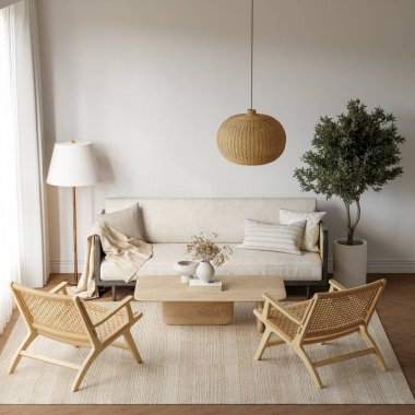 Konforlu kanepe, hafif mobilya, desenli halı, iç mekan bitkileri ve dekorasyonlu masa - 3d