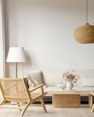 Konforlu kanepe, hafif mobilya, desenli halı, iç mekan bitkileri ve dekorasyonlu masa - 3d