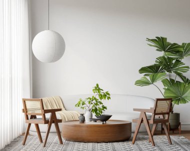 Konforlu kanepe, hafif mobilya, desenli halı, iç mekan bitkileri ve dekorasyonlu masa - 3d