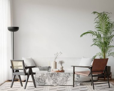 Konforlu kanepe, hafif mobilya, desenli halı, iç mekan bitkileri ve dekorasyonlu masa - 3d