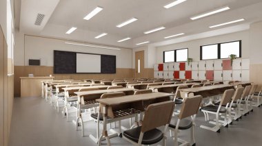 Masa ve Sandalyeli Modern Sınıfın İç Tasarımı - 3d Hazırlama