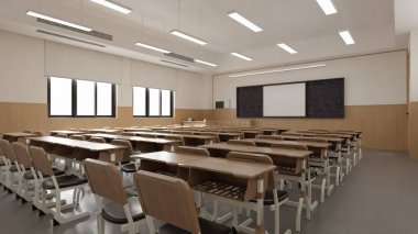 Masa ve Sandalyeli Modern Sınıfın İç Tasarımı - 3d Hazırlama