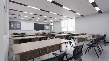 Masa ve Sandalyeli Modern Sınıfın İç Tasarımı - 3d Hazırlama