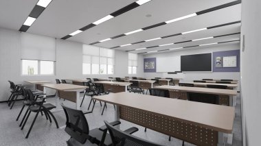 Masa ve Sandalyeli Modern Sınıfın İç Tasarımı - 3d Hazırlama