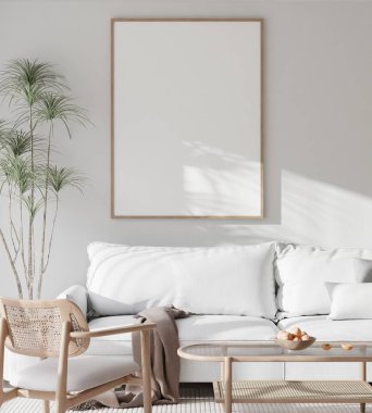 Minimalist Oturma Odası İçi Beyaz Koltuk ve Poster Çerçeve Modeli - 3d