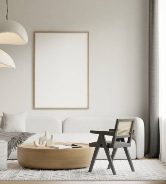 Japandi Oturma Odası Çerçeve Posteri Minimalist Duvar Sanatı Sahnesi Yumuşak Doğal Işıklı - 3d Görüntüleme