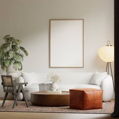 Japandi Oturma Odası Çerçeve Posteri Minimalist Duvar Sanatı Sahnesi Yumuşak Doğal Işıklı - 3d Görüntüleme