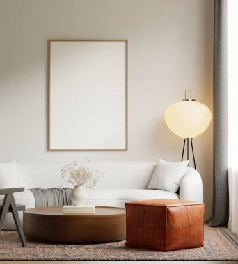 Japandi Oturma Odası Çerçeve Posteri Minimalist Duvar Sanatı Sahnesi Yumuşak Doğal Işıklı - 3d Görüntüleme